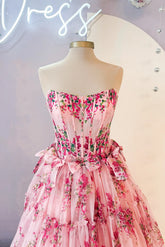 Uk Strapless Pink Ruffle Prom Dresses Floral Printed with Bow